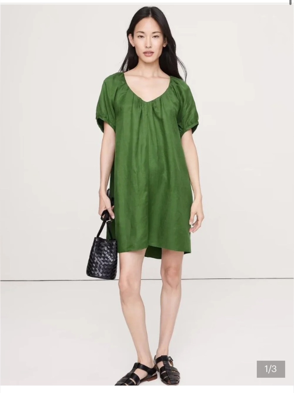 NWT Banana Republic Puff Sleeve Tie Back Linen Blend Mini Shift Dress Green L